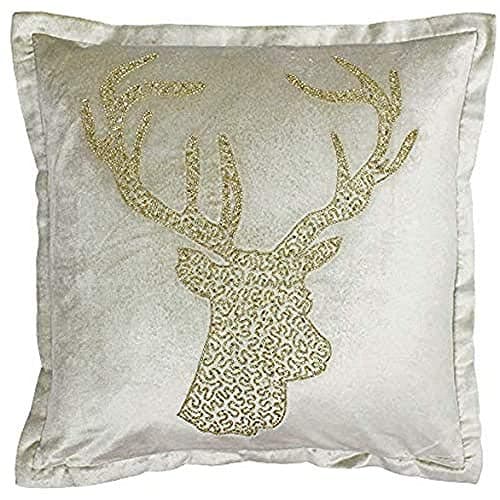 Image of Riva Paoletti Wonderland Stag Christmas Cushion Cover - Champagne Beige - Sequined Glitter Stag Head Design - Double Flange Edge - 60% Viscose 40% Cotton - 50 x 50cm (20" x 20" inches)