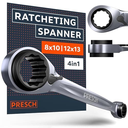 Image of PRESCH Double Ratchet Spanner 4-in-1 (8mm/10mm & 12mm/13mm) - Reversible Ratchet Function - with 90 Teeth & 4° Return Angle - 4 Sizes in one Ring Spanner