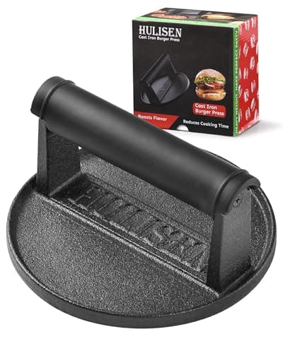 Image of HULISEN Pre-Seasoned Cast Iron Burger Press, Heavy Duty Burger Smasher for Griddle with Heat Resistant Handle, Grill Press for Hamburger, Bacon, Meat, Steak, Patty, Sandwich, Barbecue Grilling Tool