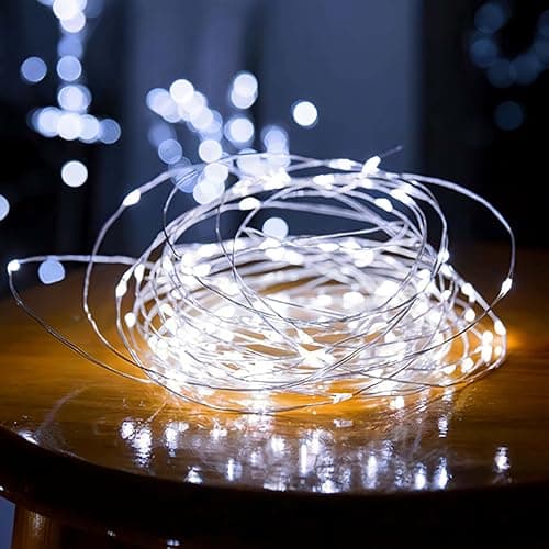 Image of HHMTAKA 10M Garland String Lights for Bedroom 100 LED Cluster Light Battery Operated Silver Wire Fairy Lights Wedding Party Decor Light for Tree Vase Window (White)
