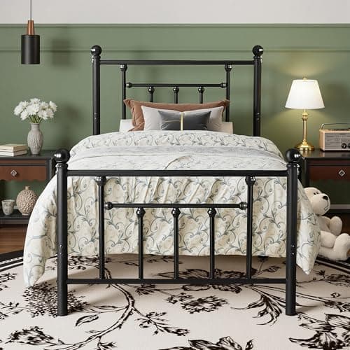 Image of VECELO 3ft Single Bed Frame, Metal Platform with Victorian Style Headboard, Heavy Duty Steel Slat Support, No Box Spring Needed Mattress Foundation, Underbed Storage Space, Easy Assemble