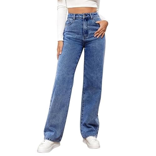 Image of LAEMILIA Baggy Jeans Women Straight Leg Denim Pants Ladies High Waist Wide Leg Trousers with Pockets Loose Fit Jeans Plus Size S-XXL/UK 8-18