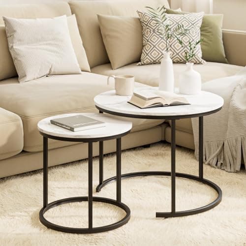 Image of HEYZOEY Round Coffee Tables, Removable Set of 2 End Table, Nesting Tables with Black Metal Frame Legs and Marble White Top for Living Room, Bedroom, Office, Balcony, Apartment (White and Black)