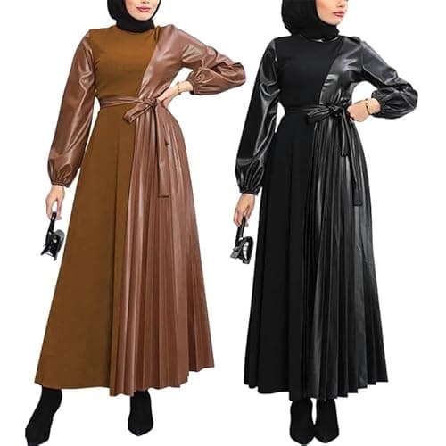Image of Modest Faux Leather Maxi Dress for Women – Elegant Long Sleeve Belted Abaya Style with Pleated Skirt, Formal Evening Gown, Available in Black & Brown (UK, Alpha, M, Regular, Regular, Black)