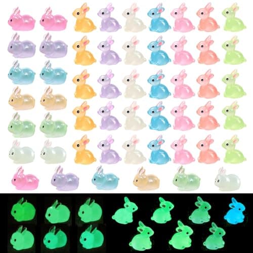 Image of HUORV 53Pcs Easter Mini Resin Bunny Glow in the Dark Luminous for Dollhouse Accessories, Micro Fairy Garden Decor, Easter Egg Fillers, Party DIY Craft with Tiny Little Bunnies Animals
