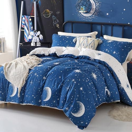 Image of Single Duvet Cover Set Galaxy Moon Star Bedding Set For Boys Girls, Reversible Ultra Soft Duvet Cover (2Pcs, Blue)