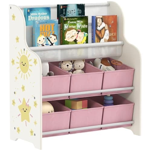 Image of AIYAPLAY Kids Storage Unit, Toy Organiser with 6 Fabric Drawers and 2-Tier Sling Book Rack for Bedroom, Playroom, Nursery, Pink