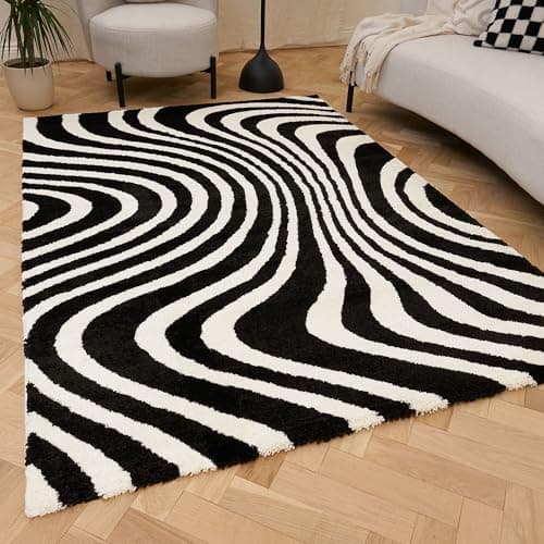 Image of THE RUGS Joli Area Rug - Soft Dense Pile Modern Artistic Design, Durable & Easy Care Carpet for Living Room & Bedroom - Wavy Stripe Black & White, 200 x 290 cm
