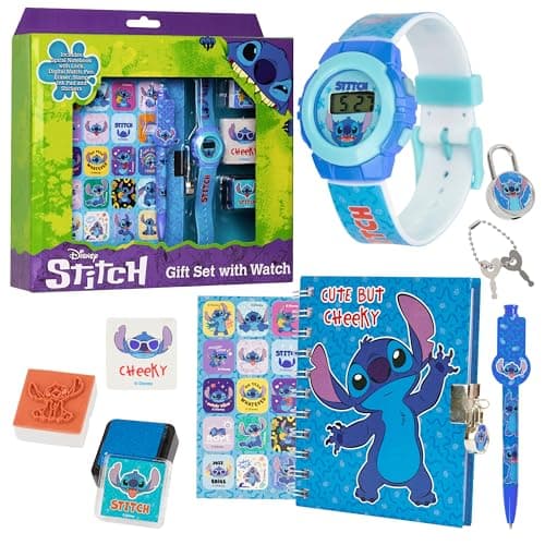 Image of Disney Stitch Digital Kids Watch & Accessories Set, Colourful Watch with Plastic Strap Lockable Diary Ink Stamps, Stitch Gifts