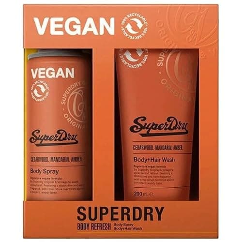 Image of Superdry Men's Original & Vintage Signature Body Duo Gift Set, Body and Hair Wash with Body Spray, Vegan, Citrus Woody Fragrance