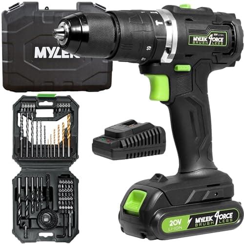 Image of Mylek Cordless Drill 20V Brushless Driver Impact Hammer Action Combi, 2.0Ah Battery and Fast Charger, 50Nm, Screwdriver, 19+3 Torque, Variable Speed, Metal Chuck, Case with Accessory Kit (56 Piece)