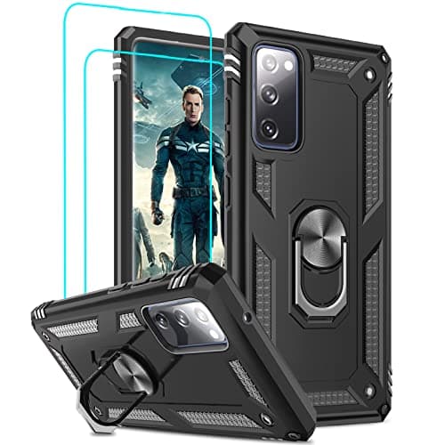Image of LeYi for Samsung Galaxy S20 FE 5G Case and 2 Tempered Glasss Screen Protector,Ring Holder Military Grade Protective Shockproof Tough Armour Hard Phone Cover for Samsung S20 FE 5G Black