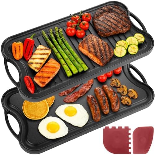 Image of Homiu Cast Iron Griddle Pan | Oven Safe, Ceramic, Gas Hob, Induction & Indoor Outdoor Cooking | Pre-Seasoned Reversible Non-Stick BBQ Grill | Ridged & Flat with Handles & Scrapers 50.5 x 26cm