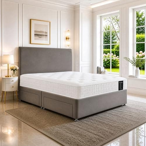 Image of SANA SLEEP Sleek 4FT Small Double Bed with Pocket Sprung Mattress & 2 Drawers | Compact Bedroom Set | Sturdy Frame for Comfort | Chic Divan Design | Modern Spaces Furniture (Grey Plush)