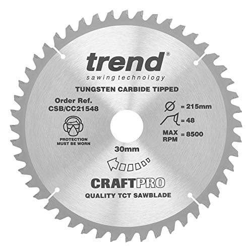 Image of Trend Wood Mitre Saw Blade, 215mm Diameter, 30mm Bore, 48 Teeth, 2.6mm Kerf, -5° Hook, TCT, Medium/Fine Finish, CSB/CC21548