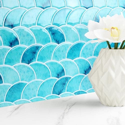 Image of Livelynine Stick on Tiles for Bathroom Walls Blue 3D Kitchen Tile Stickers Waterproof Peel and Stick Wall Tiles Bathroom Shower Effect Sea Wave 30x30 16 Pcs Heat Resistant Stick on Wall Tile Fireplace