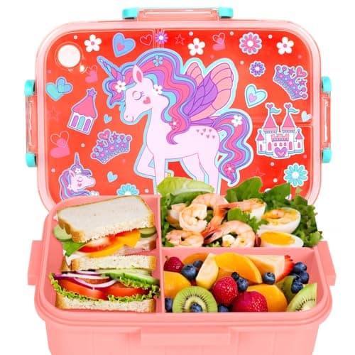 Image of PinkSheep Bento Lunch Boxes for Kids, 1200 ml BPA-Free Leak-Proof Children Food Containers with 3 Compartments for Boys Girls (Unicorn)