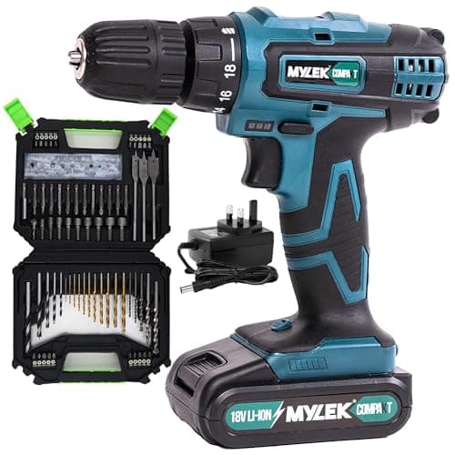 Image of MYLEK 18V Cordless Drill - Lithium Ion Drills Driver Screwdriver Set - 13 Piece Combi Accessory Kit - LED Worklight, 18 Volts Blue/Black with MYLEK 4ORCE Accessory Kit (128 Piece)