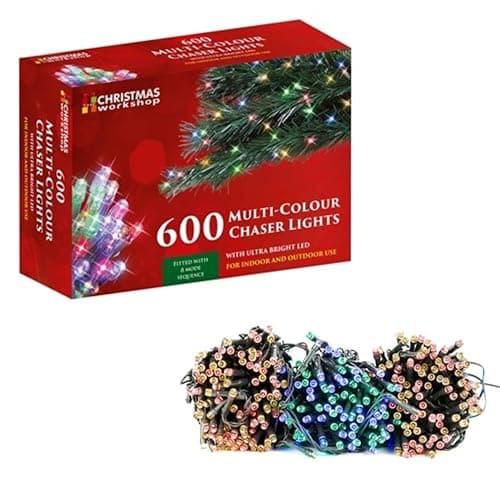 Image of The Christmas Workshop 77570 600 Multi-Coloured LED Chaser Christmas Lights/Indoor or Outdoor Fairy Lights / 41.9 Metres / 8 Light Modes/Great for Christmas, Weddings & Gardens