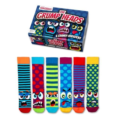 Image of United Oddsocks The Grump Heads Gift Box – 6 Cranky Mix & Match Odd Socks for Men – UK 6–11, EUR 39–46, US 7–12 – Colourful Monster-Themed Novelty Socks – Fun Gift for Birthdays, Christmas & More