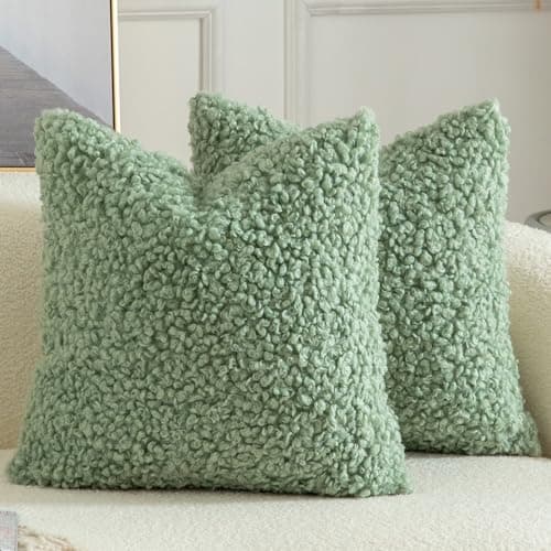 Image of YAERTUN Pack of 2 Faux Fur Cushion Covers Decorative Sherpa Boucle Throw Pillow Covers Fuzzy Soft Sheepskin Fleece Pillowcases for Couch Sofa Bed Living Room 18x18 Inch 45x45cm Sage Green