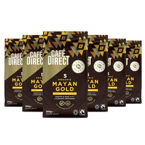 Image of Cafedirect Mayan Gold Organic Coffee Beans – Smooth Dark Roast with Caramel Sweetness, Fairtrade Arabica from Mexico 200g (Pack of 6 - 1.2kg total)