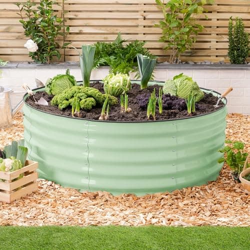 Image of CHRISTOW Circular Raised Garden Bed – 120cm x 45cm, Sage Green Galvanised Steel Planter, Open Base for Drainage, Outdoor Grow Bed for Plants, Flowers & Vegetables, Protective Rubber Rim