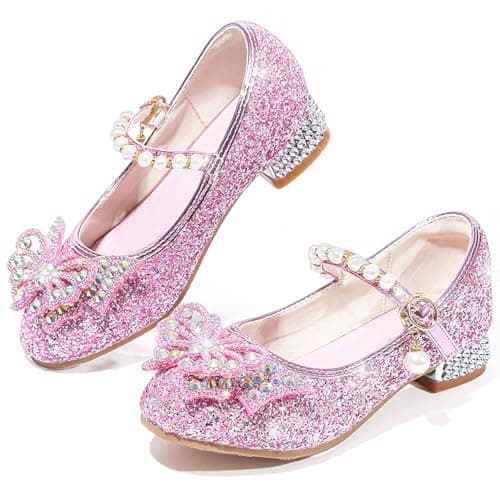 Image of Mokayu Girls Glitter Mary Jane Princesss Shoe Dress Shoes Low Heels Toddler Sequin Party Wedding Birthday Prom Cosplay Dance Up Shoes Pink UK13.5