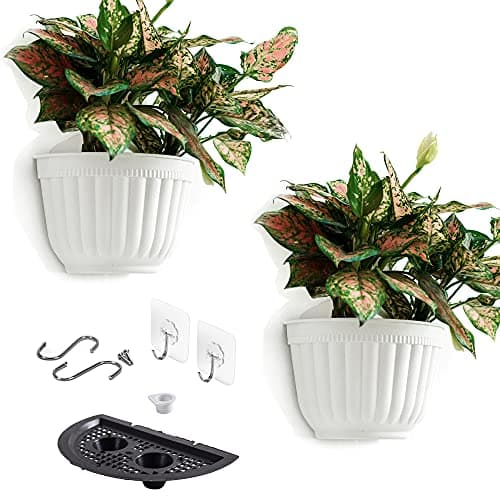 Image of 2 Pack Plastic Wall Plant Pots Vertical Garden Living Wall Mounted Window Hanging Basket Fence Planters Indoor Outdoor for Plants Flowers Kitchen Herbs Holder with Drainage Water Reservoir Decor White