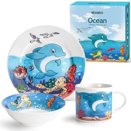 Image of MIAMIO – Set of 3 Kids Dinnerware Set/Children Dishes, Kids Dish Set, Children’s Tableware Set - Includes Plate, Bowl and Cup – for Kids and Toddler (Ocean)
