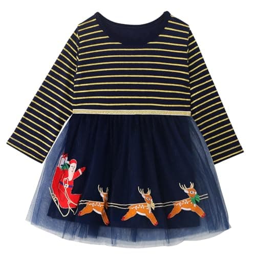 Image of MK MATT KEELY Girls Christmas Dress 2-7 Years Kids Cotton Princess Dress Toddlers Santa Claus Reindeer Outfit,Navy,7 Years