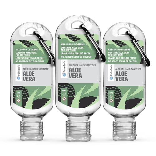 Image of Palm Safe Aloe Vera 3 Pack 60ml Anti Bacterial Premium Hand Sanitiser Travel Size Refillable Clip Bottle Quick Drying Non Sticky Extra Moisturising Kills 99.9% of Viruses and Bacteria