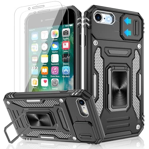 Image of Jshru for iPhone SE 2022 & 2020 Case with Screen Protector,iPhone 7/8 case,[Built-in Camera Cover],Ring Kickstand Phone Cover for iPhone SE 4.7'',Black