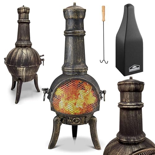 Image of GARDEBRUK® Cast Iron Patio Heater with Fire Guard, Fire Poker and Protective Cover | Compatible with Kindling Wood & Fire Lighters | Premium Fire Pit Chiminea Camping Stove | 28kg, 112cm | Black