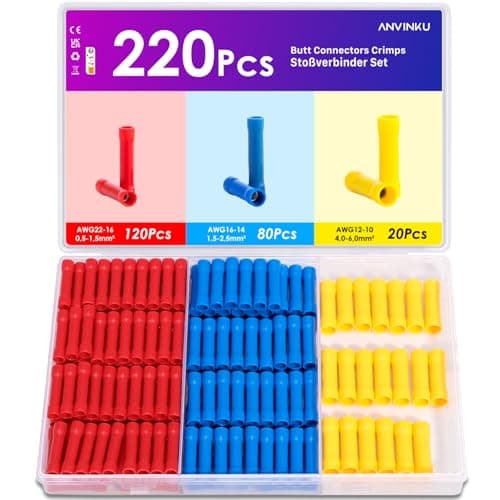 Image of Butt Connector Crimps, ANVINKU 220PCS Straight Electrical Connectors, 0.5mm² - 6mm² Crimp Wire Connectors Assortment, Insulated Cable Connectors, Crimp Butt Splice Connectors (Blue, Red, Yellow)