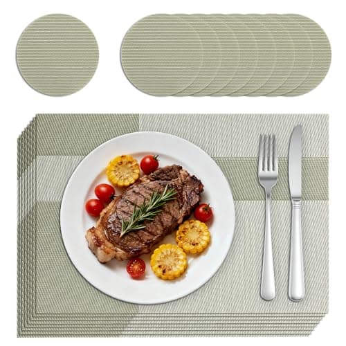 Image of Aramanara Placemats and Coasters Set of 8, PVC Non-Slip Table Mats, Heat Resistant Washable Dinner Place Mats for Kitchen Dining Table Home Hotel Restaurant(Green)