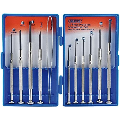 Image of Draper 11 Piece Precision Screwdriver Set | Carbon Steel | DIY and Professional Kit | Plain Slot | Cross Slot | Swivel Tops | Tweezers | Plastic Case | 15631