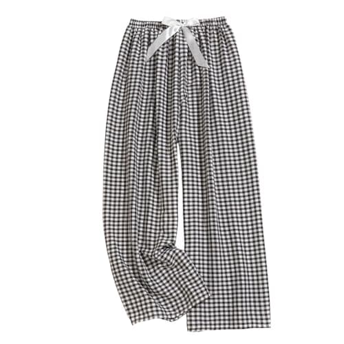 Image of NSICBMNO Black Wide Leg Trousers for Women UK Plaid Pyjama Bottoms Elasticated Waist Summer Trousers Palazzo Pants Loose Lounge Pant Flared Leggings Checked Pj Bottoms for Night Sleep Loungewear