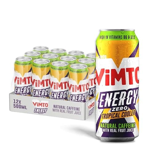 Image of Vimto Tropical Twist Energy Drink 500ml Cans (12 Pack) – No Added Sugar, Real Fruit Juice, Natural Caffeine & B Vitamins – Fruity Prime Energy Boost, Sparkling Drink
