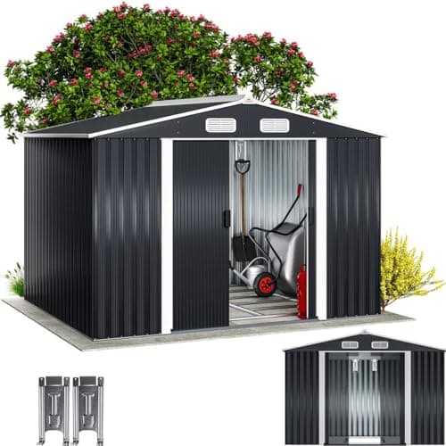 Image of GARDEBRUK® 8x6ft Metal Garden Shed with Foundation, Outdoor Storage for Garden Furniture, Apex Roof, Lawnmower Garage with 96cm Sliding Door, Galvanised Steel Shed for Tools, 260x205x180cm, Anthracite
