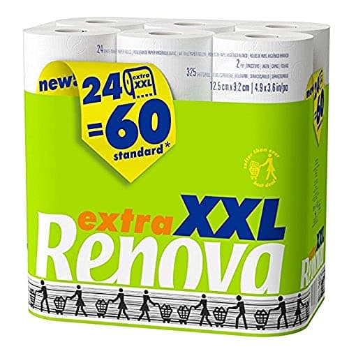 Image of Renova XXL Toilet Paper – Ultra Soft & Absorbent 2-Ply Quilted Tissue – 24 Rolls Equivalent to 60 Standard Rolls, 325 Sheets Per Roll, Dermatologically Tested