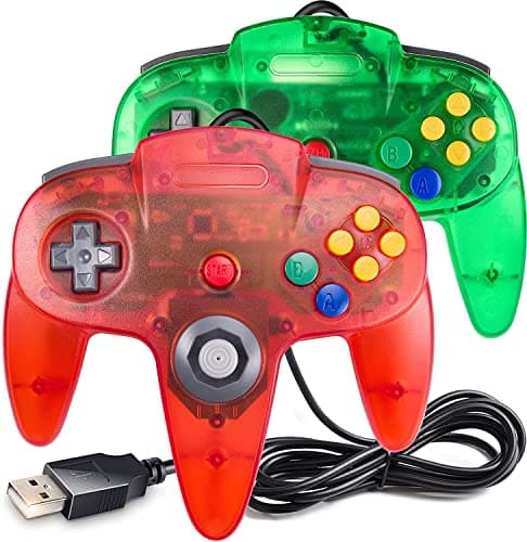 Image of 2 Pack Classic N64 Controller,N64 Wired USB PC Game pad Joystick, N64 Bit USB Wired Game Stick Joy pad Controller for Windows PC MAC Linux Raspberry Pi 3 Sega Genesis (Clear Green/Clear Red)