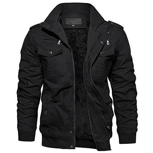 Image of EKLENTSON Winter Jacket Mens Fleece Military Bomber Cargo Jackets Full Zip Warm Thick Multi Pocket Outwear Black,M