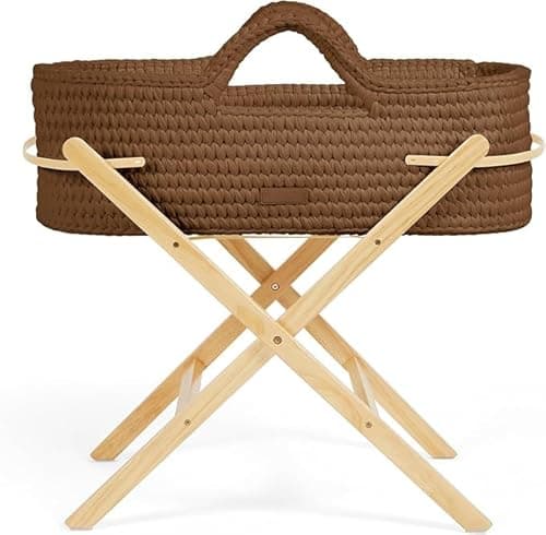 Image of Ickle Bubba Nova Crochet Moses Basket with Stand - Suitable from Birth to 9kg, Compact and Lightweight, Includes Plush Mattress and Crochet Bassinet, for Naps at Home or as a Travel Cot (Mocha/Pine)
