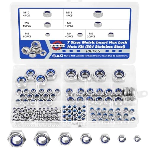 Image of Lock Nuts, 180Pcs Hex Locknuts Assortment Kit, 304 Stainless Steel Metric Nylon Insert Lock Nuts Kit, 7 Size-M3 M4 M5 M6 M8 M10 M12 Hex Nut & Locknuts Set for Industrial & Home