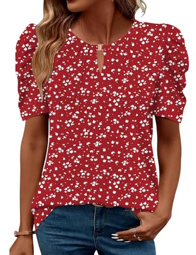 Image of iWoo Ladies Tops Short Sleeve Crew Neck Pleated T Shirts Gigot Sleeve Top Womens Casual Tunic Blouses Floral Printed Shirts Red White Dot L