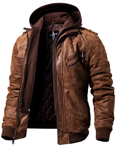 Image of FLAVOR Men's Real Leather Jacket with Removable Hood Genuine Leather, L, Brown