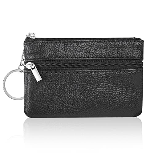 Image of Aucuu Coin Purse Leather Zipper Wallet Card Holder Key Case Women Mini Wallet, with 3 Compartments & Keychain, Small & Lightweight, Easy to Carry, 12 * 8 CM (Black)