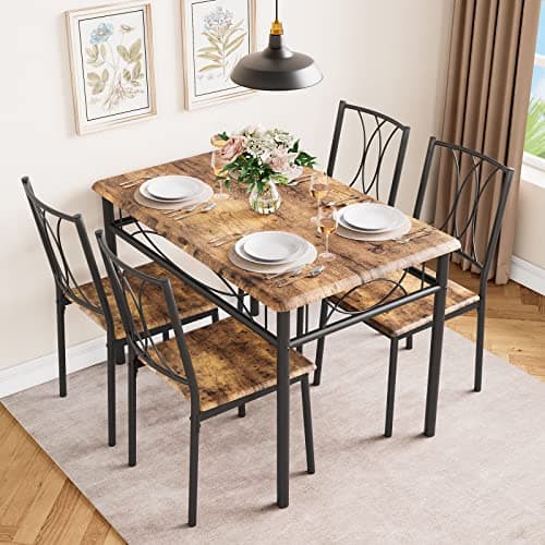 Image of Crevyteg 5-Piece Wood Dining Table Set for 4, Rectangular Kitchen Table Set with 4 Chairs, Space-Saving Metal & Wood Dining Table Set for Apartment, Studio, Kitchen, Small Space, Rustic Brown