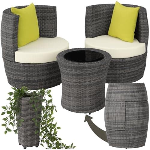 Image of tectake® 3-Piece Rattan Garden Furniture Set for 2, Outdoor Bistro Set made of Aluminium, Polyrattan & Glass with Thick Cushions, Weather-Resistant & Space-Saving Outdoor Furniture Set - Grey